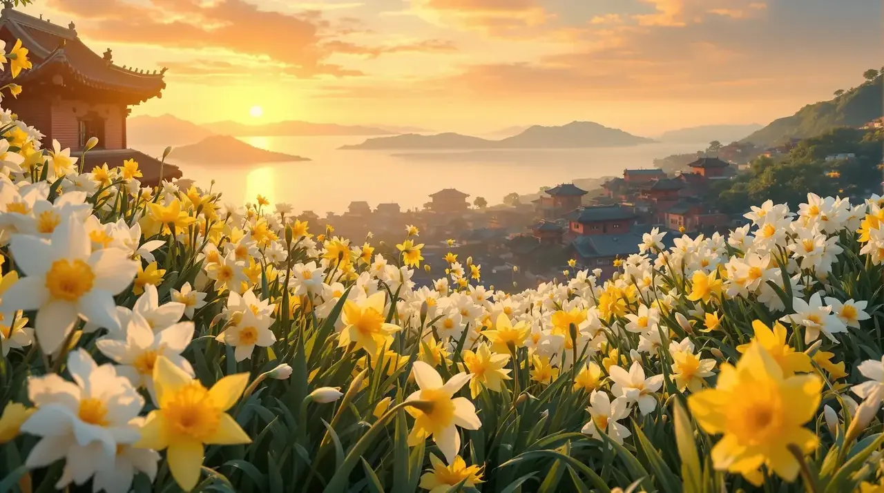 亚洲激情在线主题背景——水仙白黄花海与闽南红砖古厝、台海晨雾